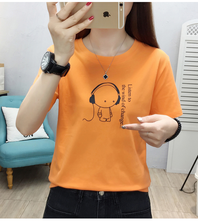 Printing round neck tops all-match T-shirt for women