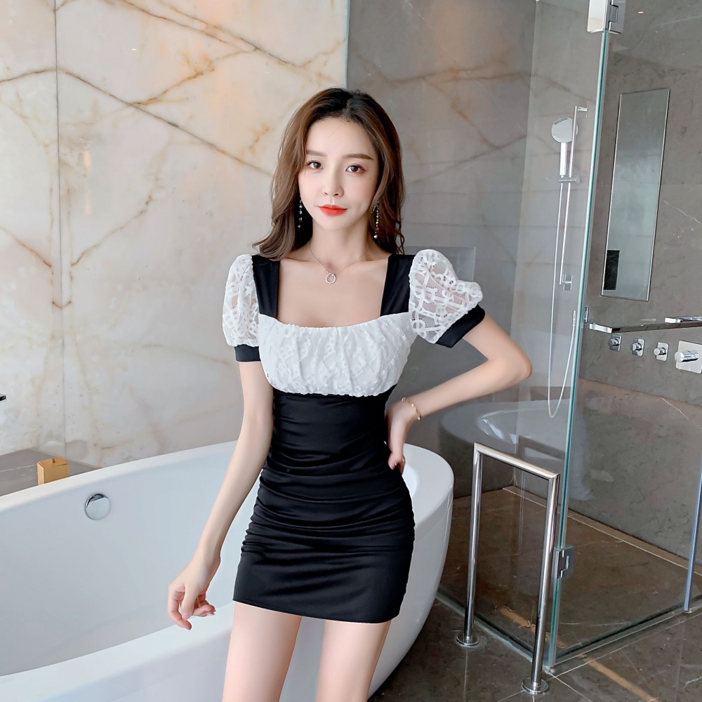 Splice sexy package hip lace short sleeve dress