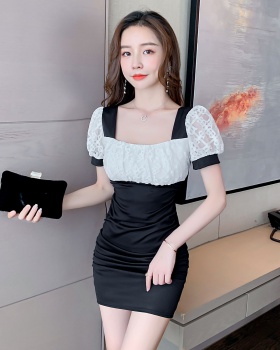 Splice sexy package hip lace short sleeve dress