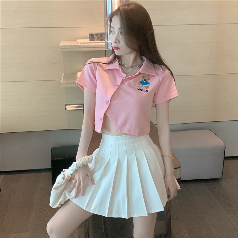 Pink slim short skirt navel short T-shirt for women