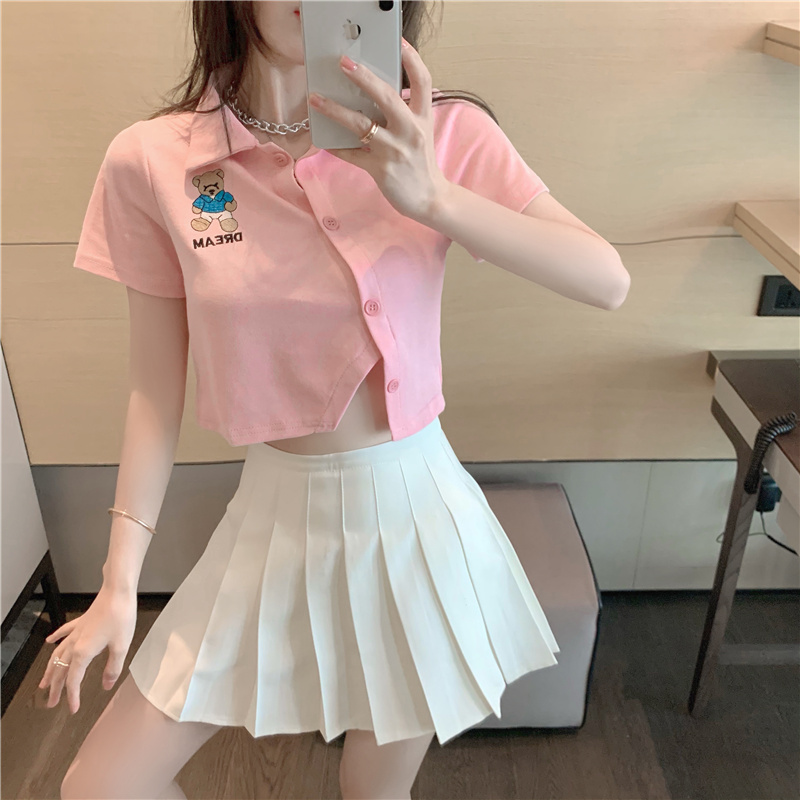 Pink slim short skirt navel short T-shirt for women