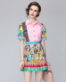 High waist printing shirt spring and summer skirt a set for women