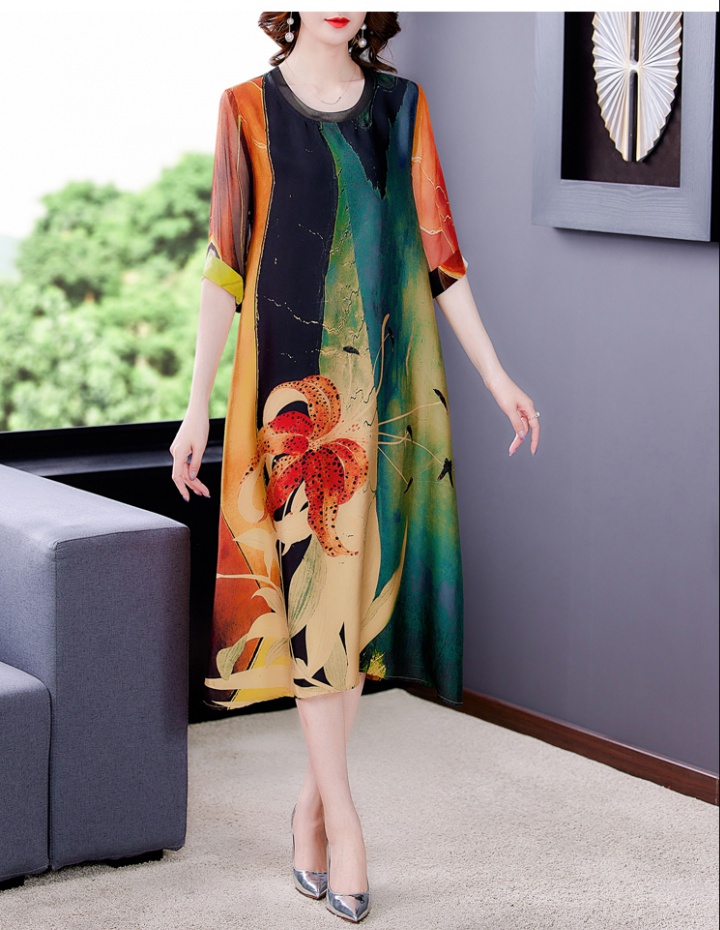 Printing long spring and summer real silk silk dress