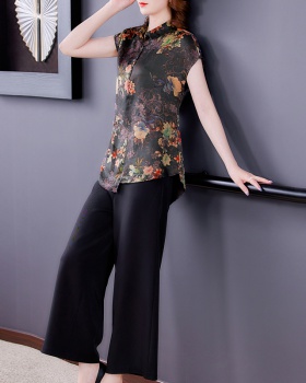 Loose tops real silk pants a set for women