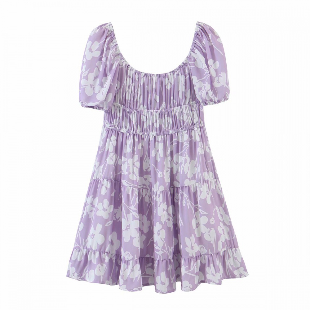 Puff sleeve drawstring frenum printing purple dress