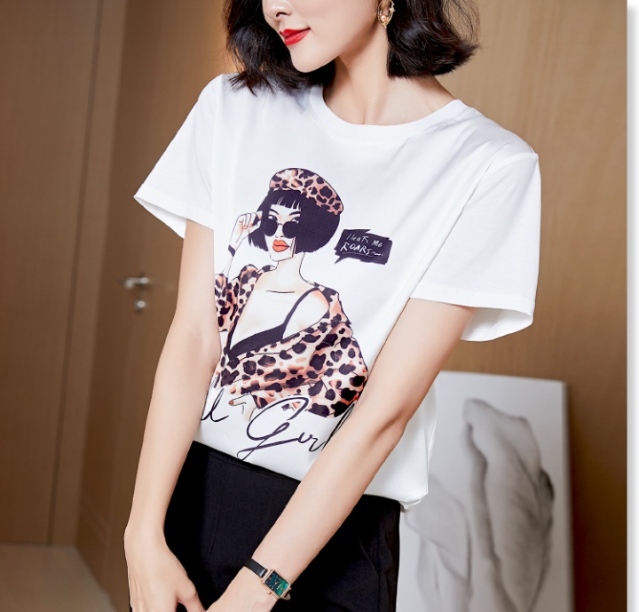 Printing silk short sleeve tops round neck slim T-shirt for women