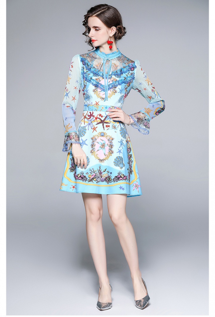Lace speaker printing cstand collar dress for women