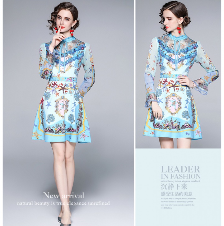 Lace speaker printing cstand collar dress for women