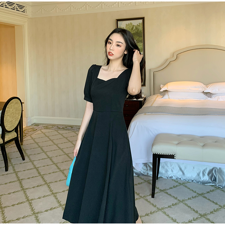 France style puff sleeve dress square collar long dress