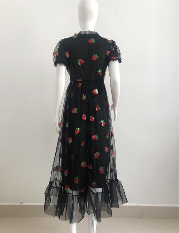 Lotus leaf edges black embroidery dress for women