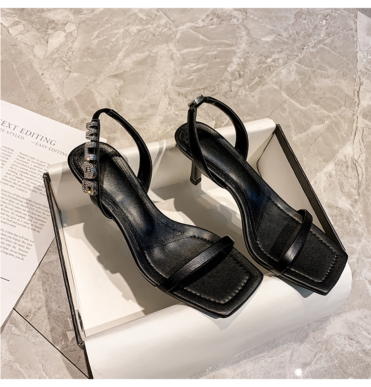 Summer rhinestone sandals square head high-heeled shoes