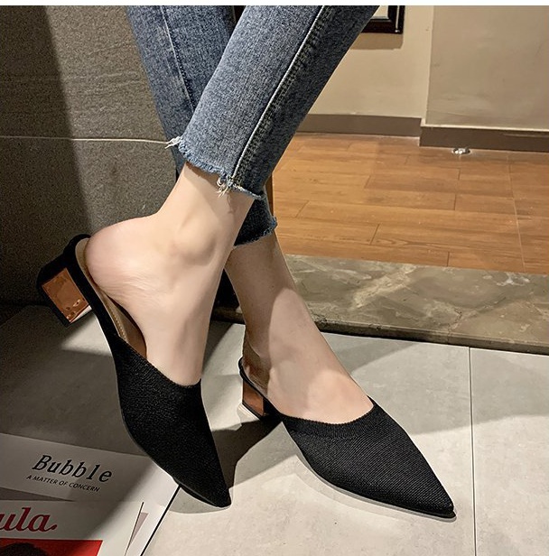 Breathable pointed summer middle-heel slippers