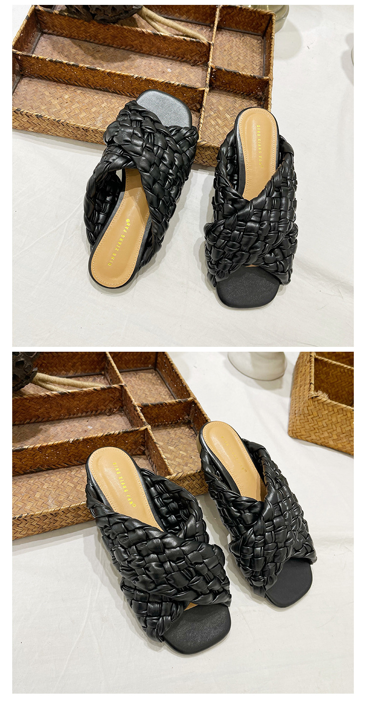 Square head European style weave flat slippers for women