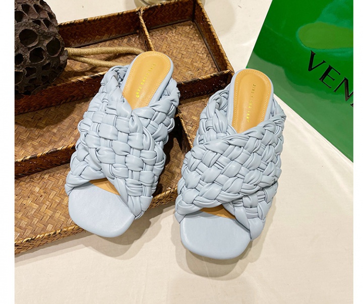Square head European style weave flat slippers for women