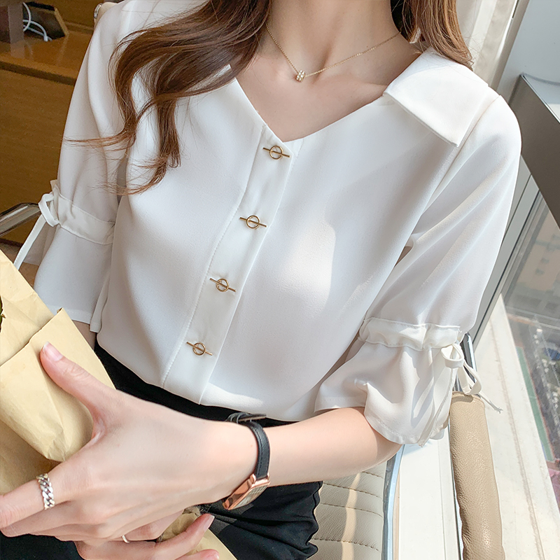 Chiffon V-neck shirt short sleeve slim tops for women