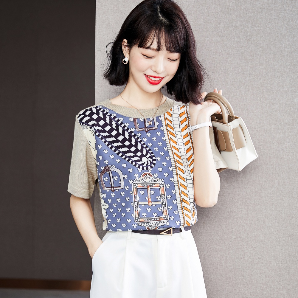 Splice knitted temperament printing short sleeve tops