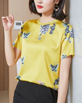 Printing real silk satin T-shirt all-match summer tops for women