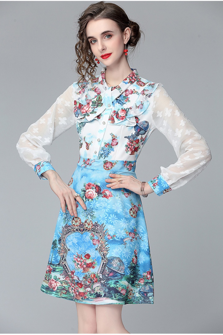 Streamer collar big skirt printing court style dress for women