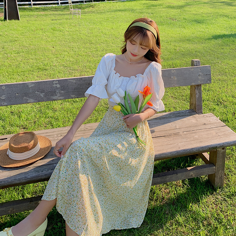 Puff sleeve summer tops floral lace skirt a set