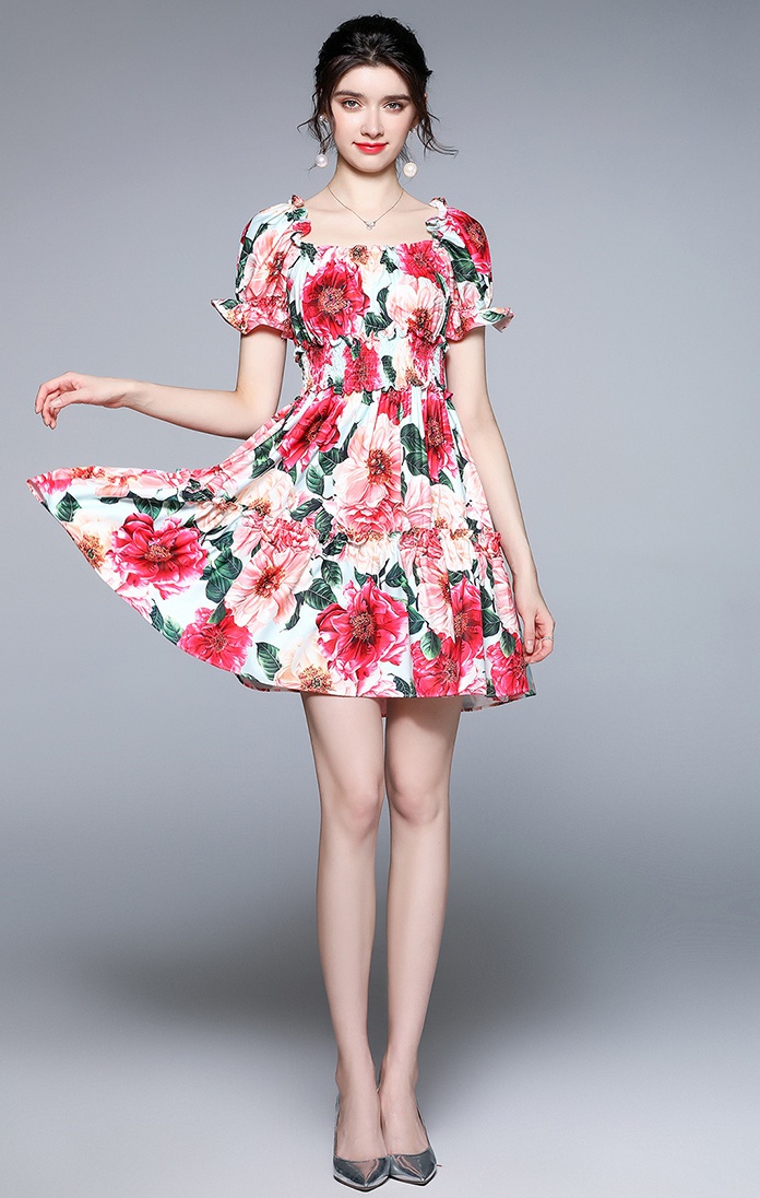 Flowers printing puff sleeve square collar summer dress