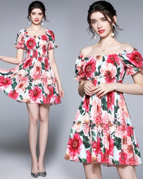 Flowers printing puff sleeve square collar summer dress
