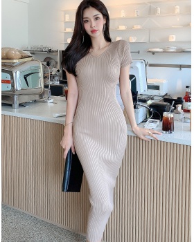 V-neck hip short sleeve T-back Korean style knitted dress