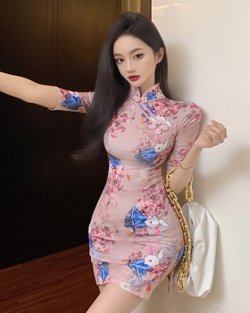 Retro sexy printing cheongsam pinched waist slim dress