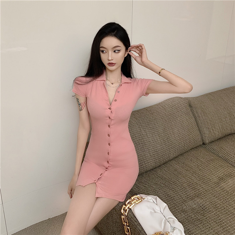 Single-breasted slim pinched waist all-match split dress