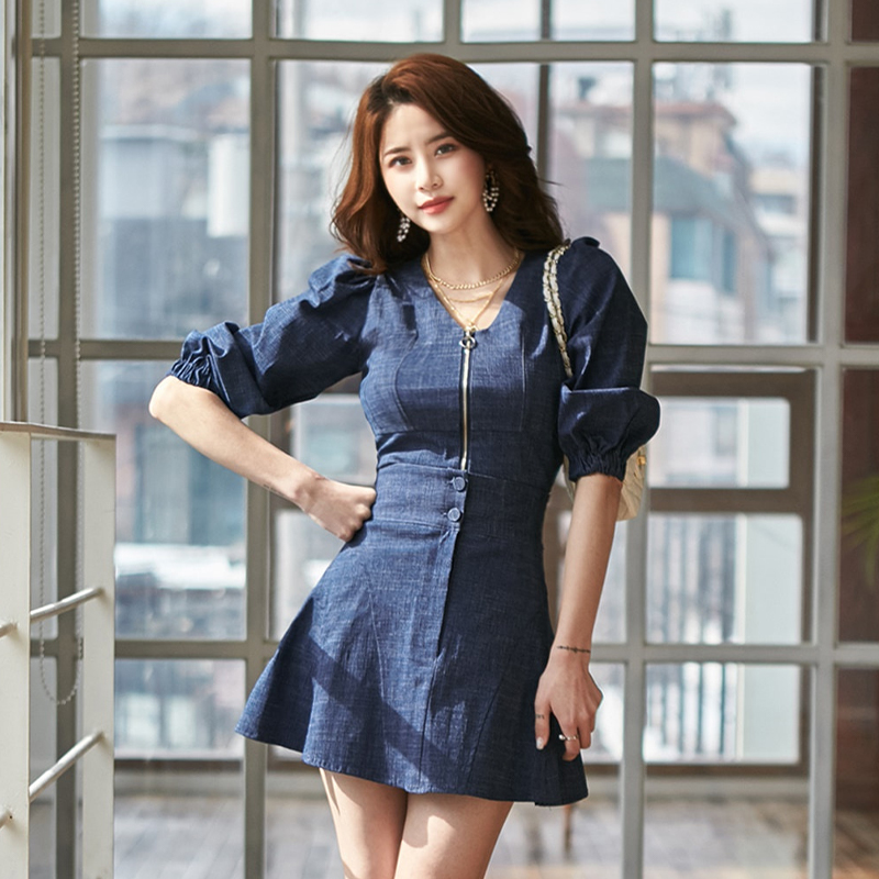 Denim Korean style tops high waist V-neck skirt
