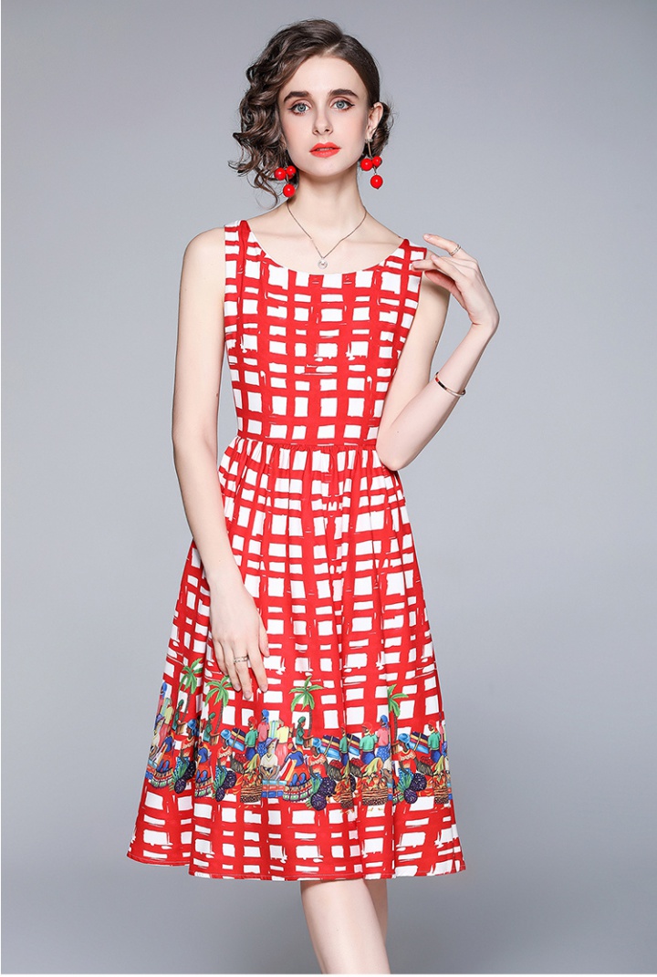 Plaid printing pinched waist red cell fashion slim dress