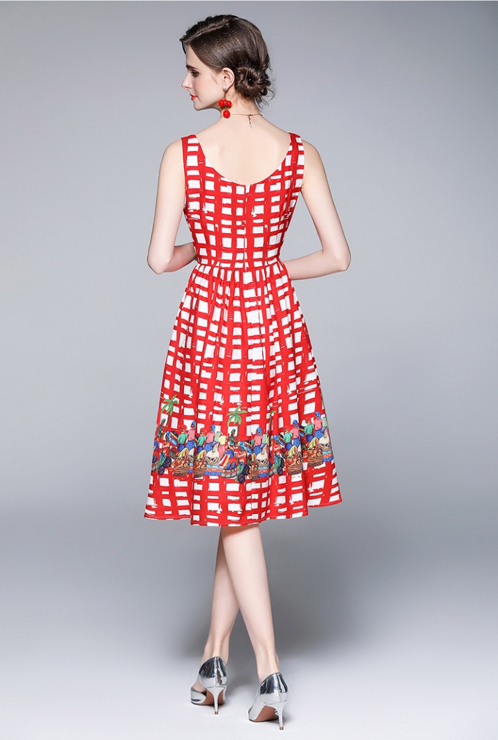 Plaid printing pinched waist red cell fashion slim dress