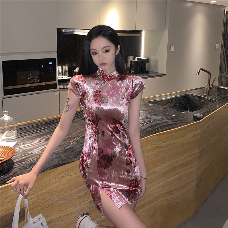 Split velvet dress printing slim cheongsam