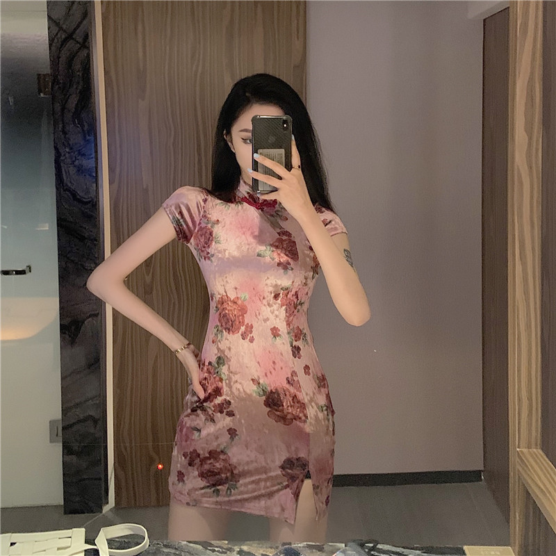 Split velvet dress printing slim cheongsam