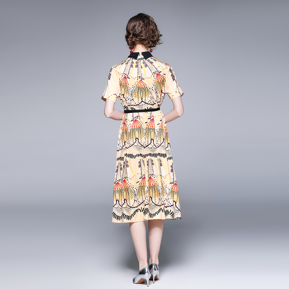 Slim elegant summer pinched waist printing lapel dress