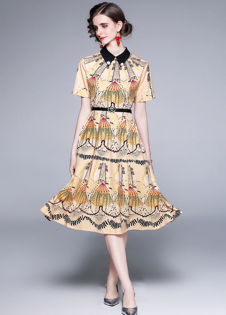 Slim elegant summer pinched waist printing lapel dress