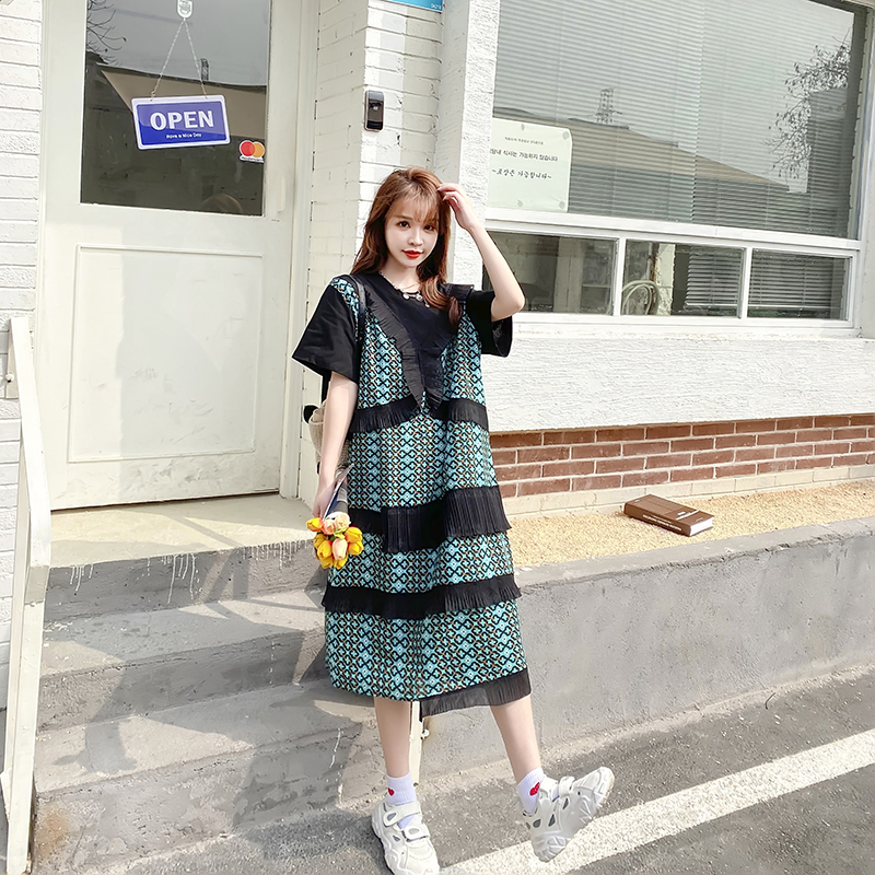 Loose summer long short sleeve splice Korean style dress