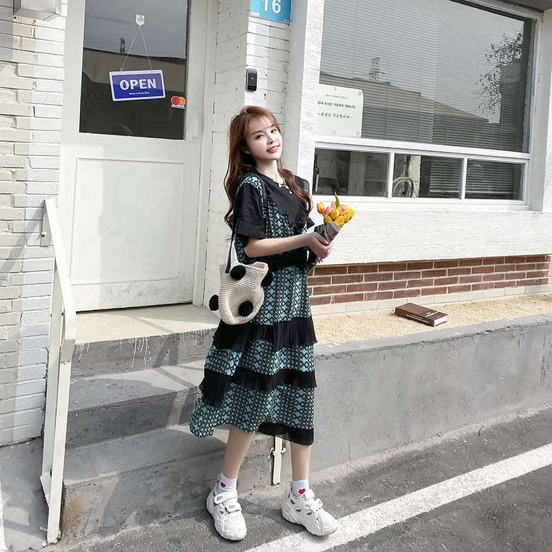 Loose summer long short sleeve splice Korean style dress
