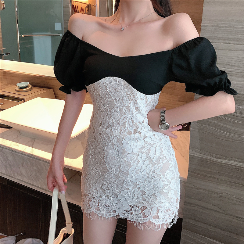 Slim flat shoulder France style sexy dress
