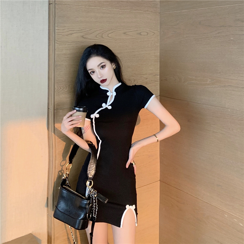 Retro black-white dress mixed colors cheongsam