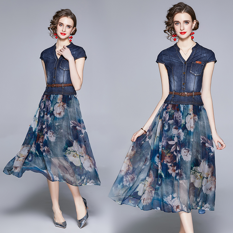 Slim splice Pseudo-two printing pinched waist summer dress