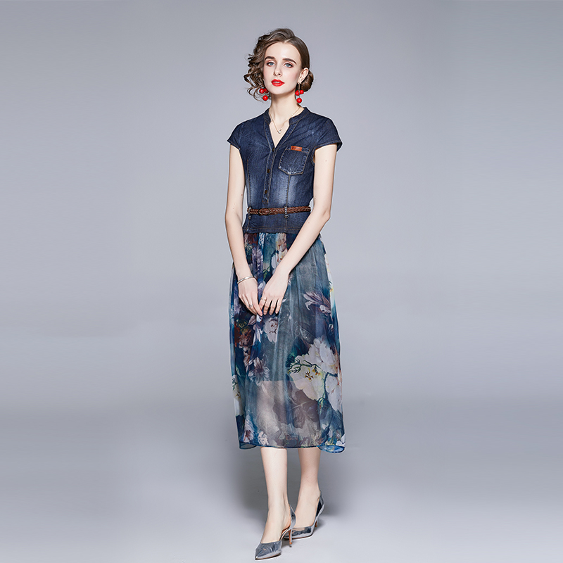 Slim splice Pseudo-two printing pinched waist summer dress