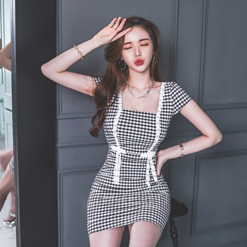 Lace slim summer plaid sweetheart Korean style dress