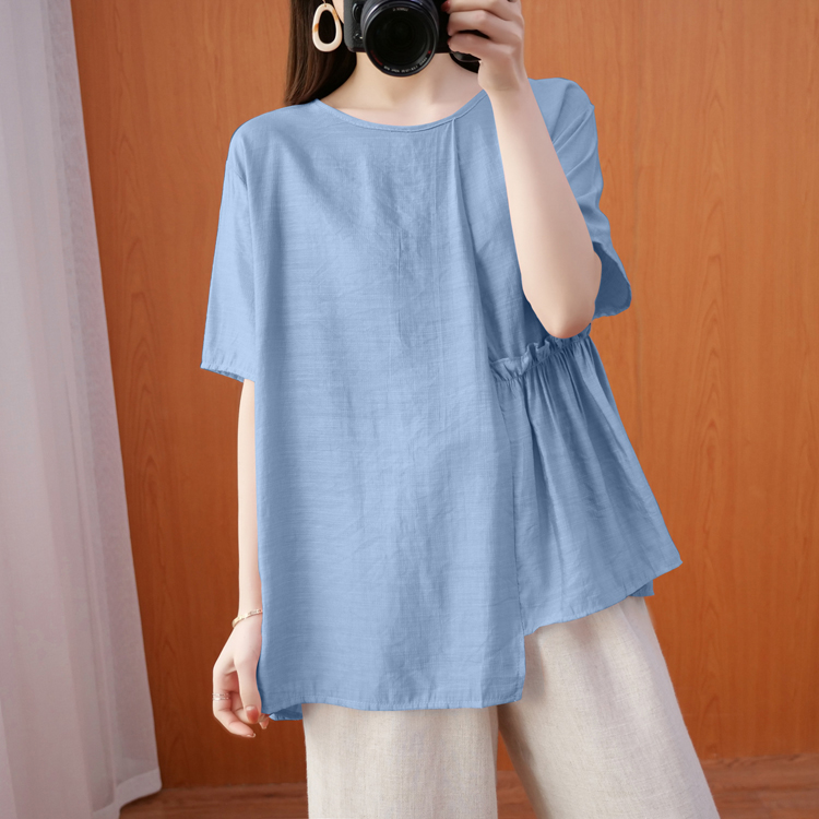 Loose cotton linen T-shirt pullover fat doll shirt for women