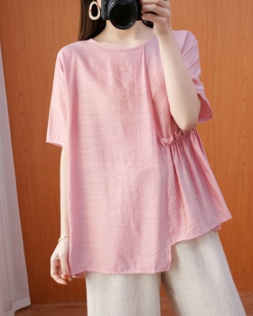 Loose cotton linen T-shirt pullover fat doll shirt for women