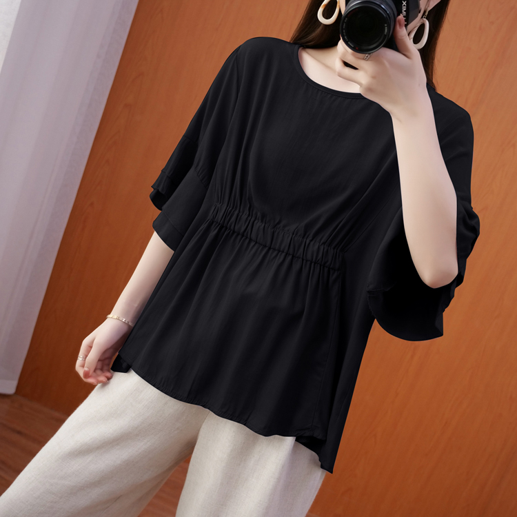 Art pullover pure tops pinched waist loose slim shirt