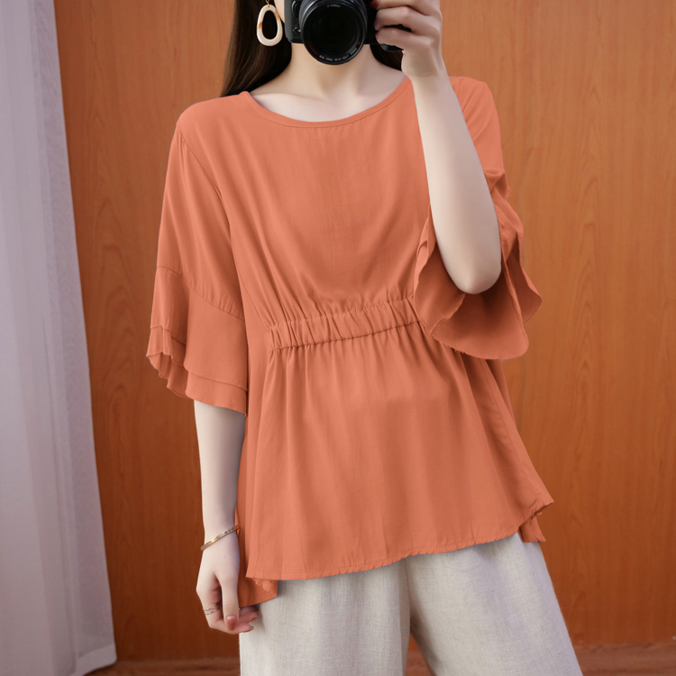 Art pullover pure tops pinched waist loose slim shirt