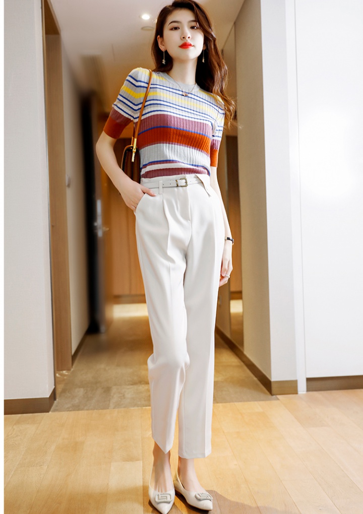 Knitted summer thin tops rainbow stripe T-shirt