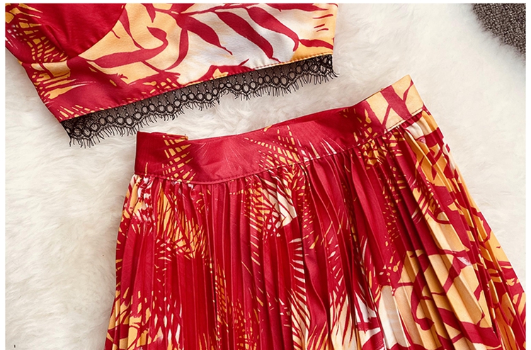 Lace crimp high waist vest short vacation skirt a set