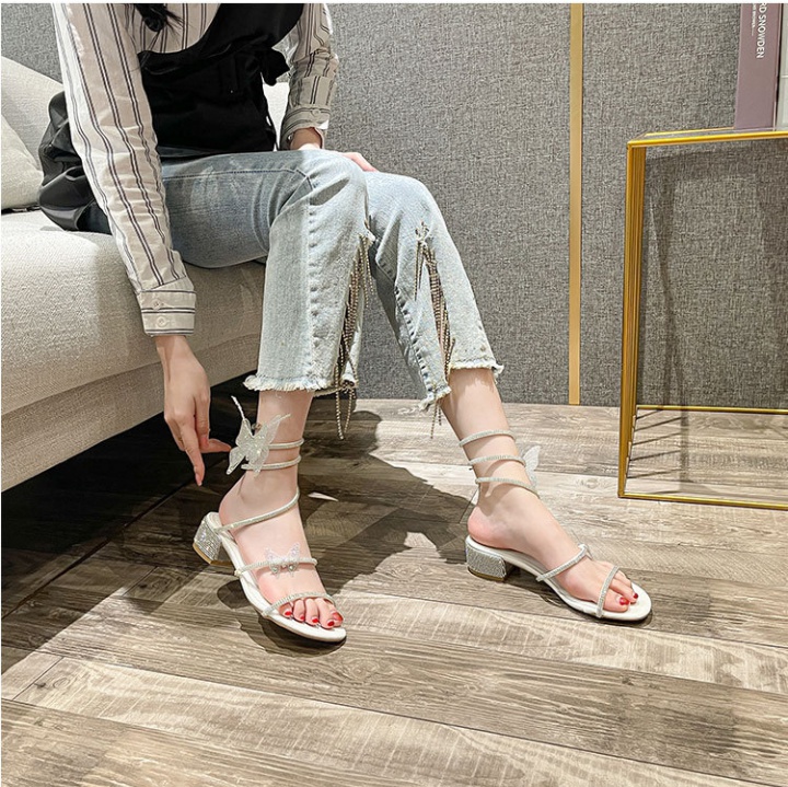 Rhinestone thick butterfly shiny lady sandals for women