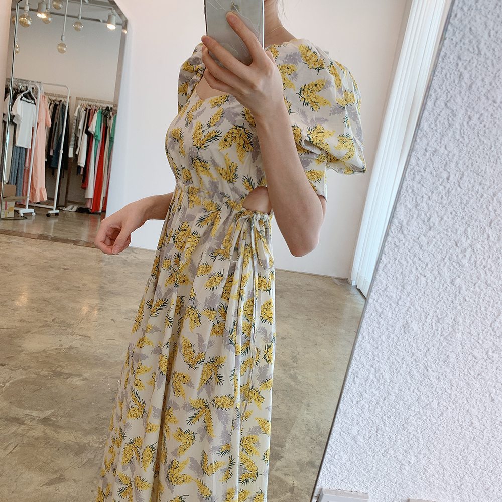 Puff sleeve square collar pinched waist floral dress